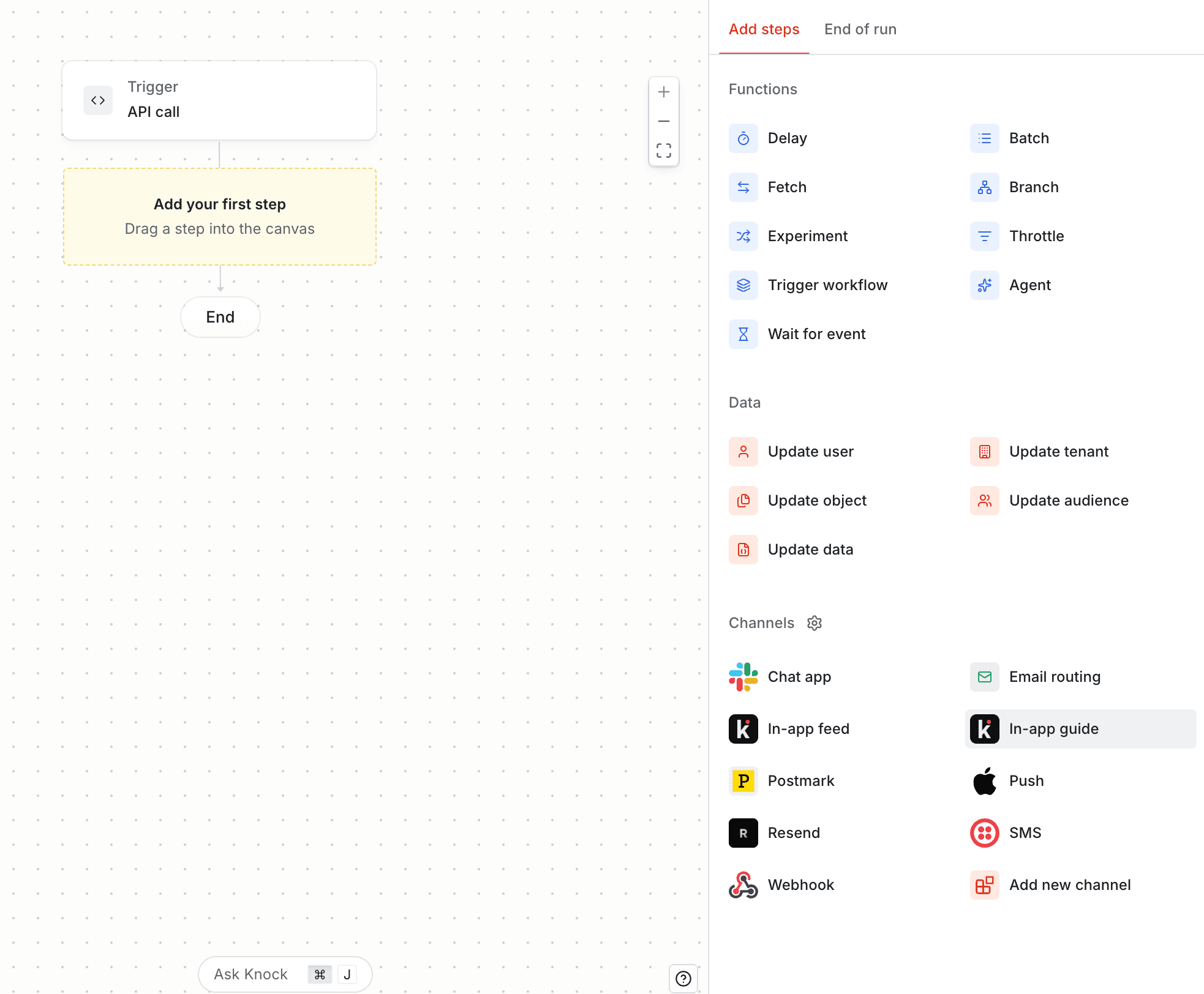 Dragging the in-app guide step onto the workflow canvas